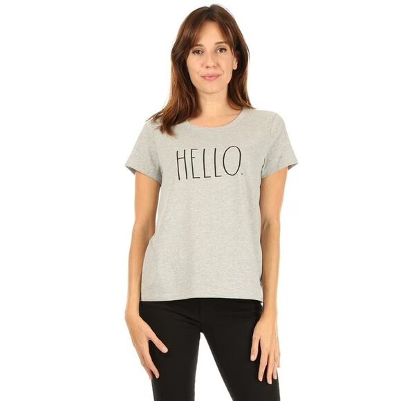 Rae Dunn Womens Tee Size Medium Gray Hello Minimalist Top Short Sleeves - Picture 1 of 4